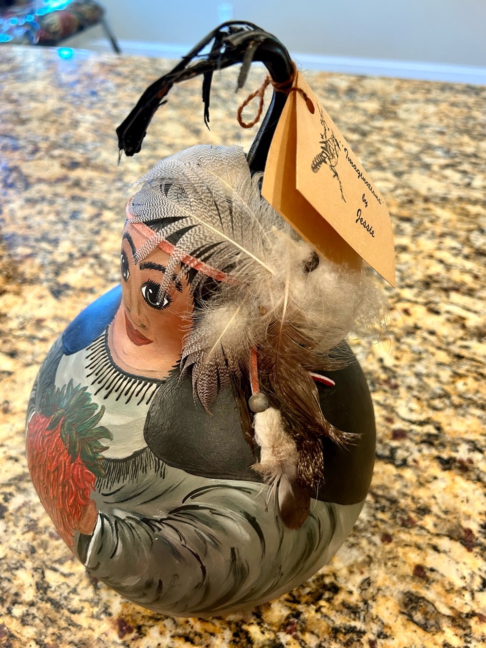 Hand-Painted Indian Maiden GOURD with Intricate Feather & Leather Headdress